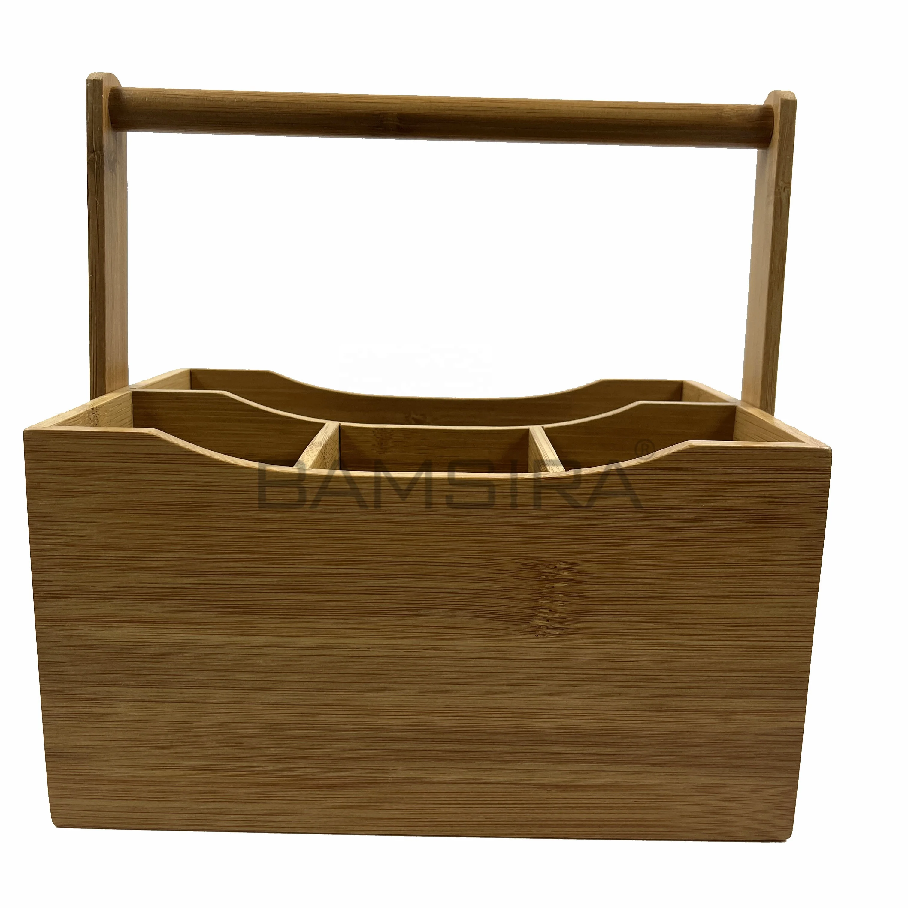 Bamboo Flatware Utensil Caddy With Napkin Holder And Handle Wood Picnic Basket For Kitchen