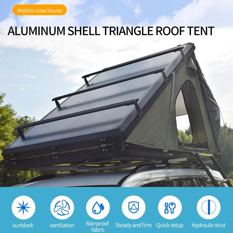 Aluminum Alloy car rooftop tent waterproof roof top tent triangle 3-4 person camping outdoor hard shell rooftop tent