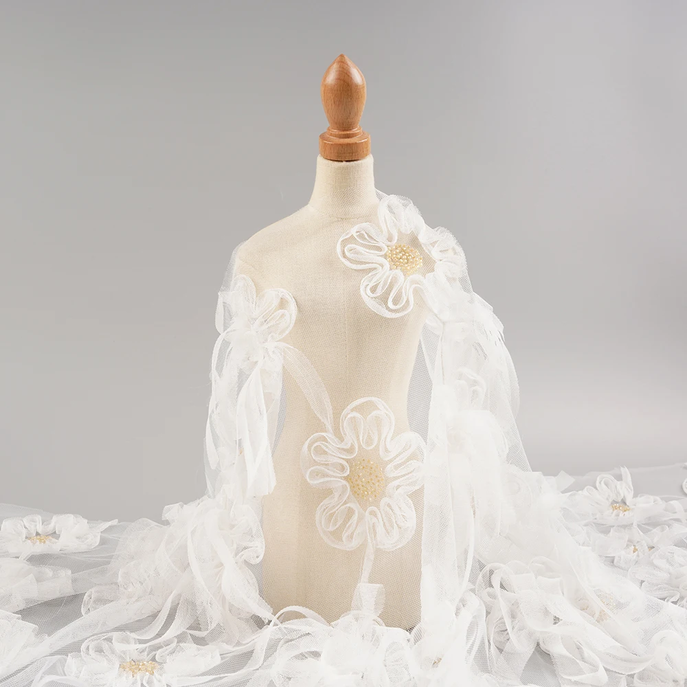 high quality african 3d flower embroidered beaded and sequins french lace bridal tulle fabric for wedding dress