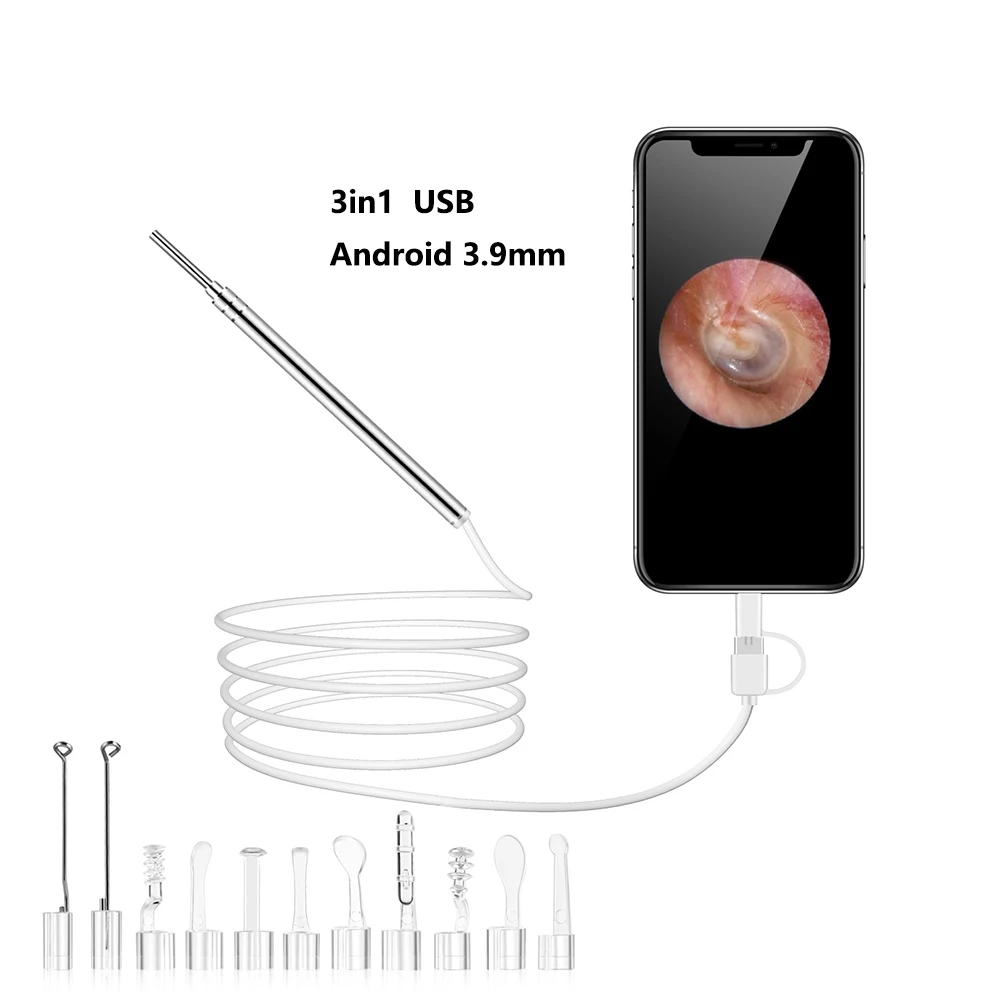Ear Wax Remover Tool Ear Cleaner 3 in 1 3.9MM 2.0MP Ear Endoscope IP67 Waterproof Camera with 6 LED for OTG Android Micro USB PC