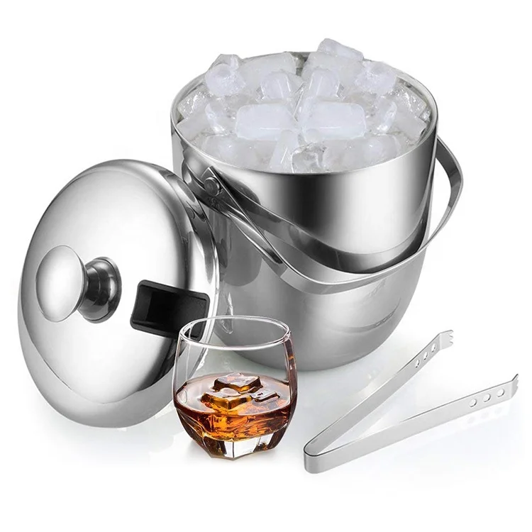 Double Wall Stainless Steel Cooler Ice Bucket 2.8 L/ 2.7 Quart with Tongs and Lid, Silver Beverage Keeper