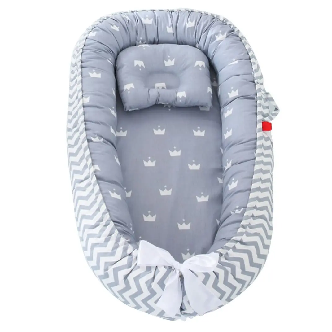 Portable Newborn Cushion Bed with Pillow Baby Lounger Pod Breathable Cotton Newborn Lounger