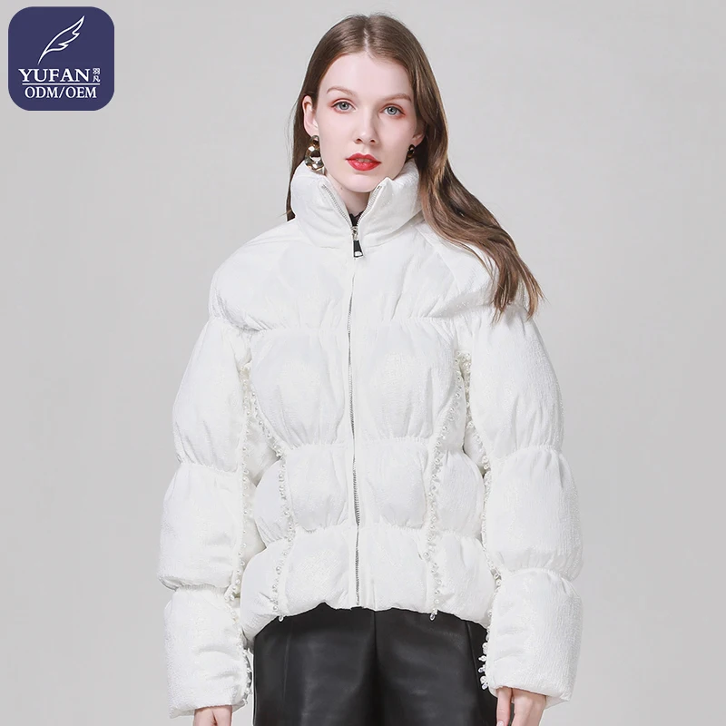 Yufan Professional Custom Fashion Short Profile Down Jacket Stand Collar Down Coat Ladies Beadwork Down Jacket