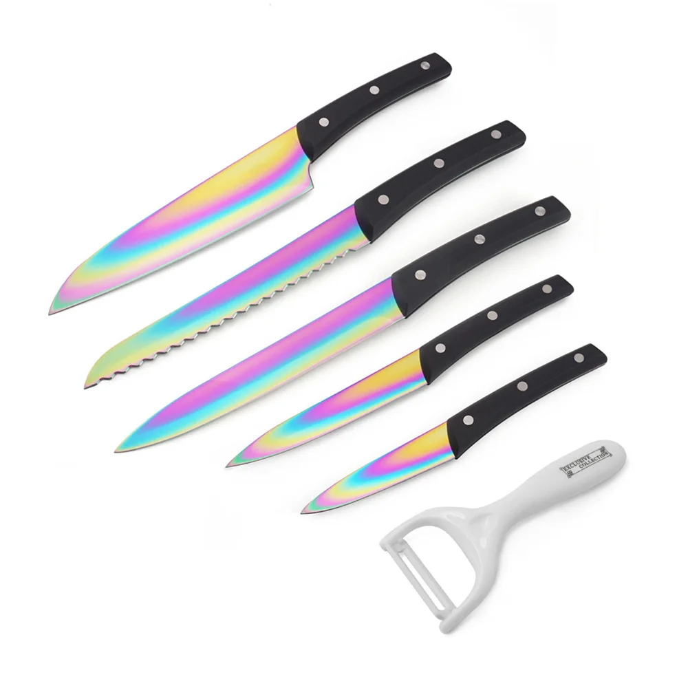 6-Pieces Kitchen Knife Set With Rainbow-Finished Titanium Coating Blade Pack In A Acrylic Block