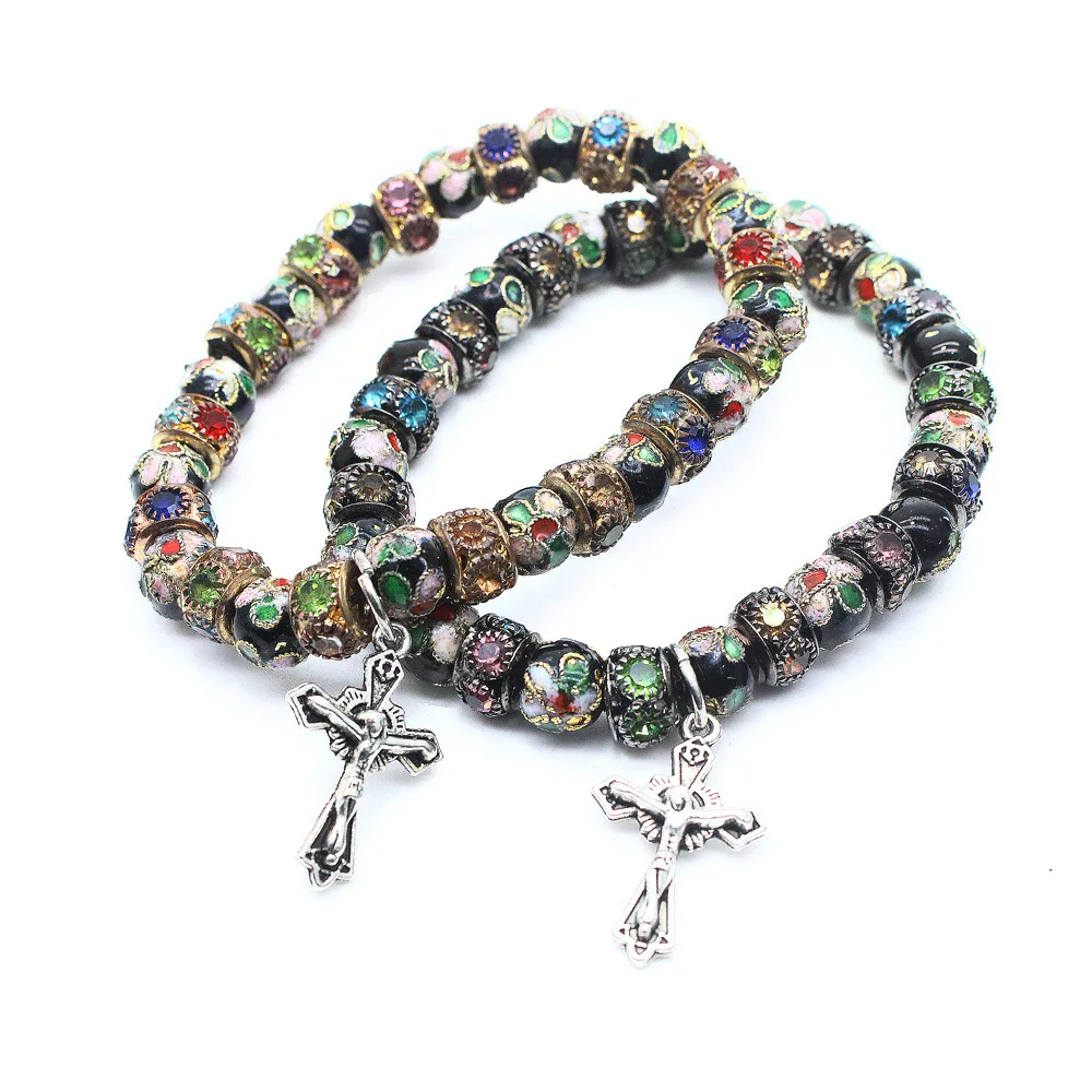 2022 New design Cloisonne Beads Beaded Cross Stretch Rosary Bracelet with Crucifix  Elastic Rope Bracelet for Women