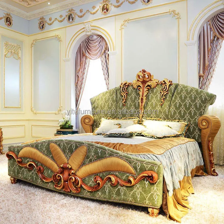Bedroom home furniture Victorian design  European style antique bed set teal wooden queen king size hand carved bed