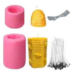 2 PCS Bee Honeycomb Candle Mold, 50Pcs Low Smoke Candle Wicks and Holder, Beehive Silicone Mold for Making Beeswax Candles