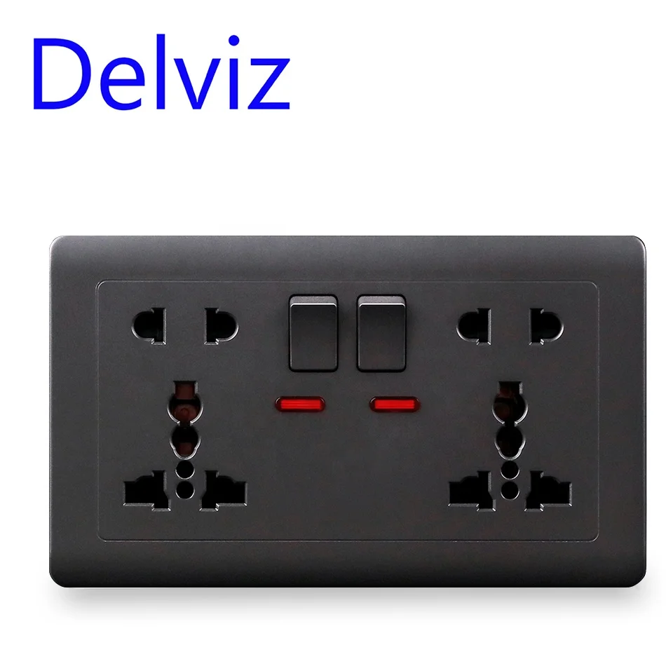 Delviz 13A Wall Dual Socket, AC 110~250V Electrical plug jack Switch button control, International universal Power Supply Outlet