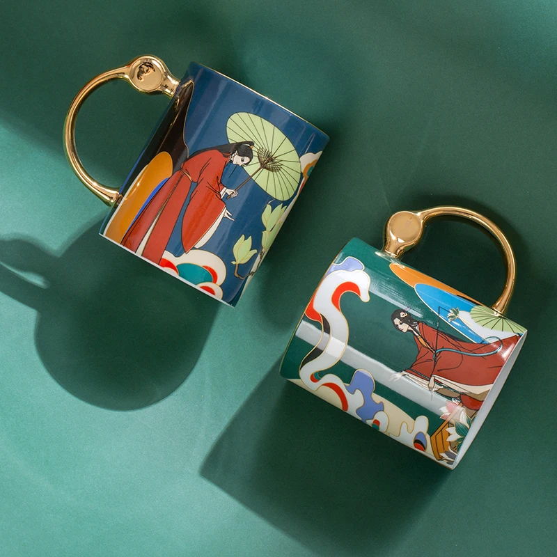 Oriental Culture High-Durable Ceramic Mug Wedding Couple Suit Cartoon Design Wear-Resistant Tea & Coffee Set