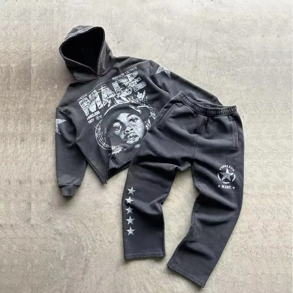 Custom cut edge heavyweight cotton terry 420gsm acid washed pullover hoodies no hem thick dtg screen print cropped hoodie men