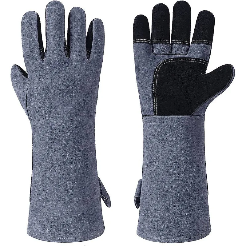 16 Inch Commercial Industrial Fireproof Cow Leather Gauntlet Gloves Black Aluminium Long Anti-Heat Welding Gloves