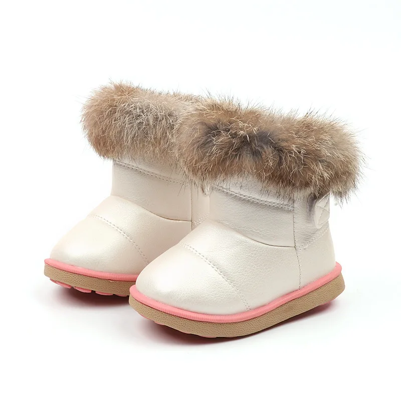 Winter New Children Snow Boots Big Kids Leather Warm Boots Baby Girls Princess Real Fur Ankle Boots (1600317080010)
