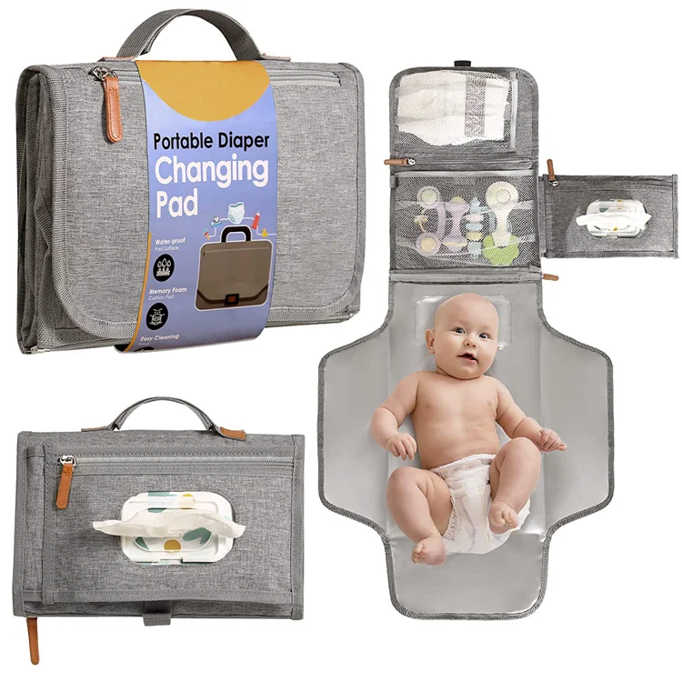Custom Lightweight Waterproof Portable Baby Outdoor Travel Diaper Changing Mat with Wet Paper Pocket