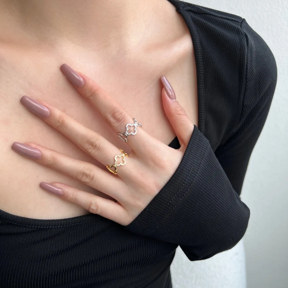 Simple and Elegant Open Hollow Flower Ring 925 Sterling Silver Gold Plated Four Leaf Clover for Women