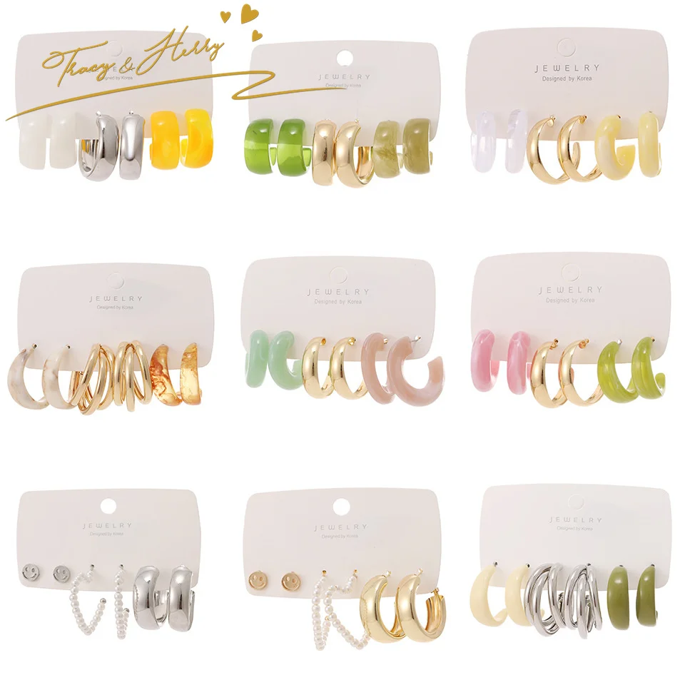 Tracy & Herry Exquisite 925 Sterling Silver Jewelry Bridal Hoop Earrings Dangle Geometric Resin Acrylic Metal Alloy Earring Set