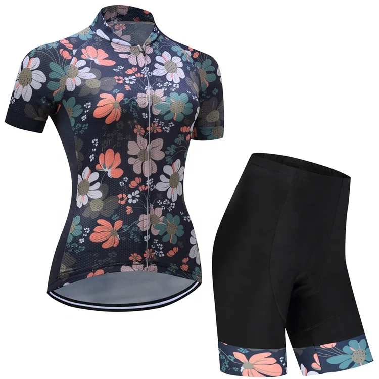 Women Cool Cycling Jersey Set Flower Short Sleeve Sportswear Polyester Summer Bike Cycling Clothing 3D Padded Bicycle Shorts