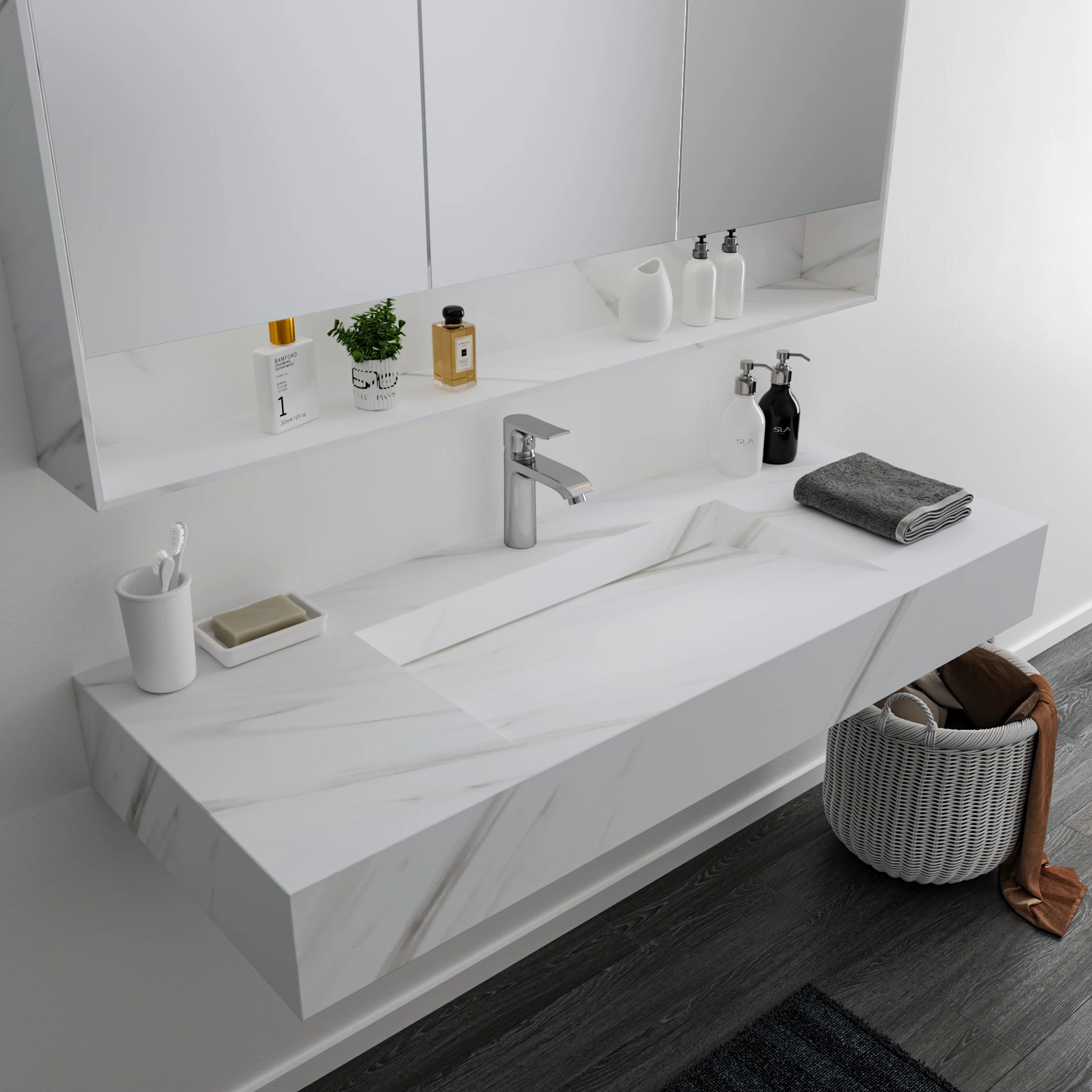 GM rectangular basin sink Modern bathroom Resin Solid surface basin bathroom wash basin with mirror cabinet