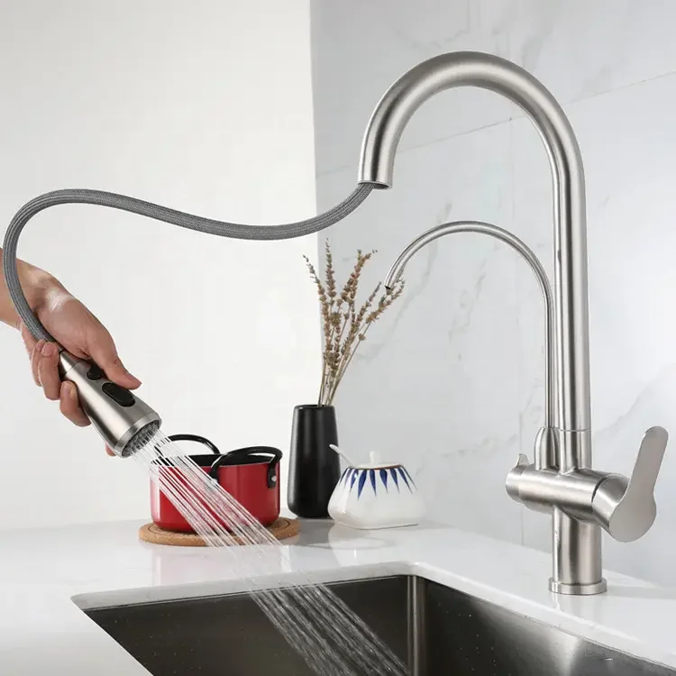 2024 Nickel Brushed Kitchen Sink Faucet with Pull Down Sprayer 2 Handle 3 in 1 Water Filter Purifier Kitchen Faucet