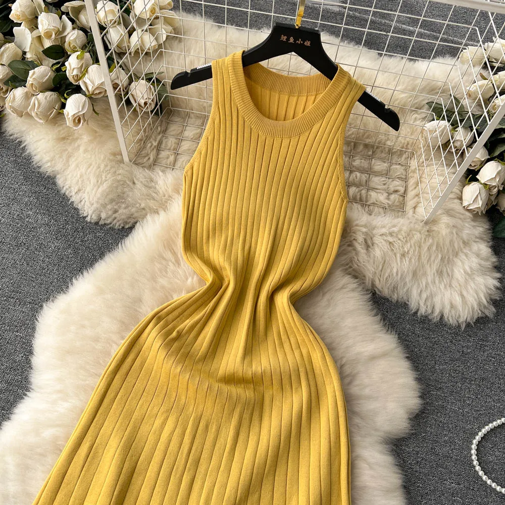 2023 Summer Sling Sexy Ins Dress Female Ice Silk A Word With Ice Silk Sleeveless Base Knitted Long Dress