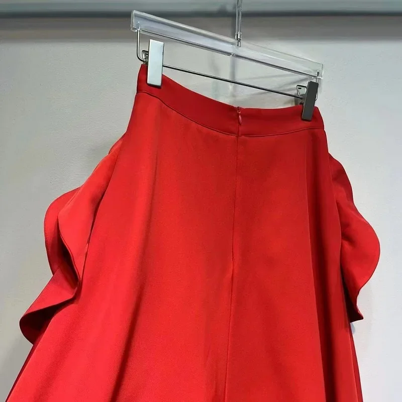 High Quality New Long Skirts 2024 Spring Summer Style Women Hand Made Flower Deco Big Swing Party Elegant Red Black Club Skirt