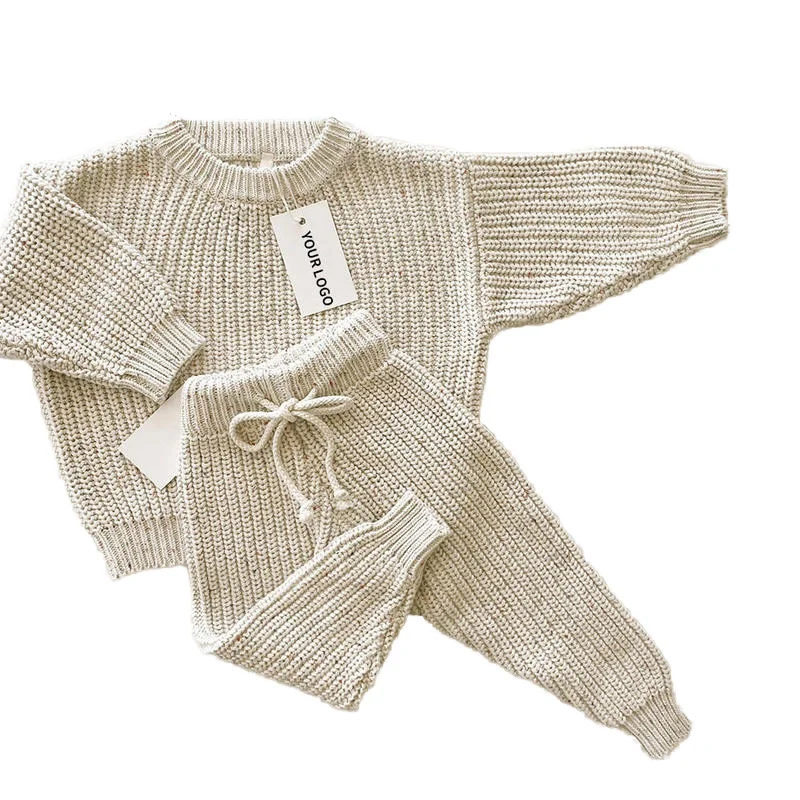 Custom Logo Sprinkle Cotton Baby Sweaters New Born Winter Clothes Ribbed Chunky Knitted Pant Long Sleeve Kids Knitwear Set