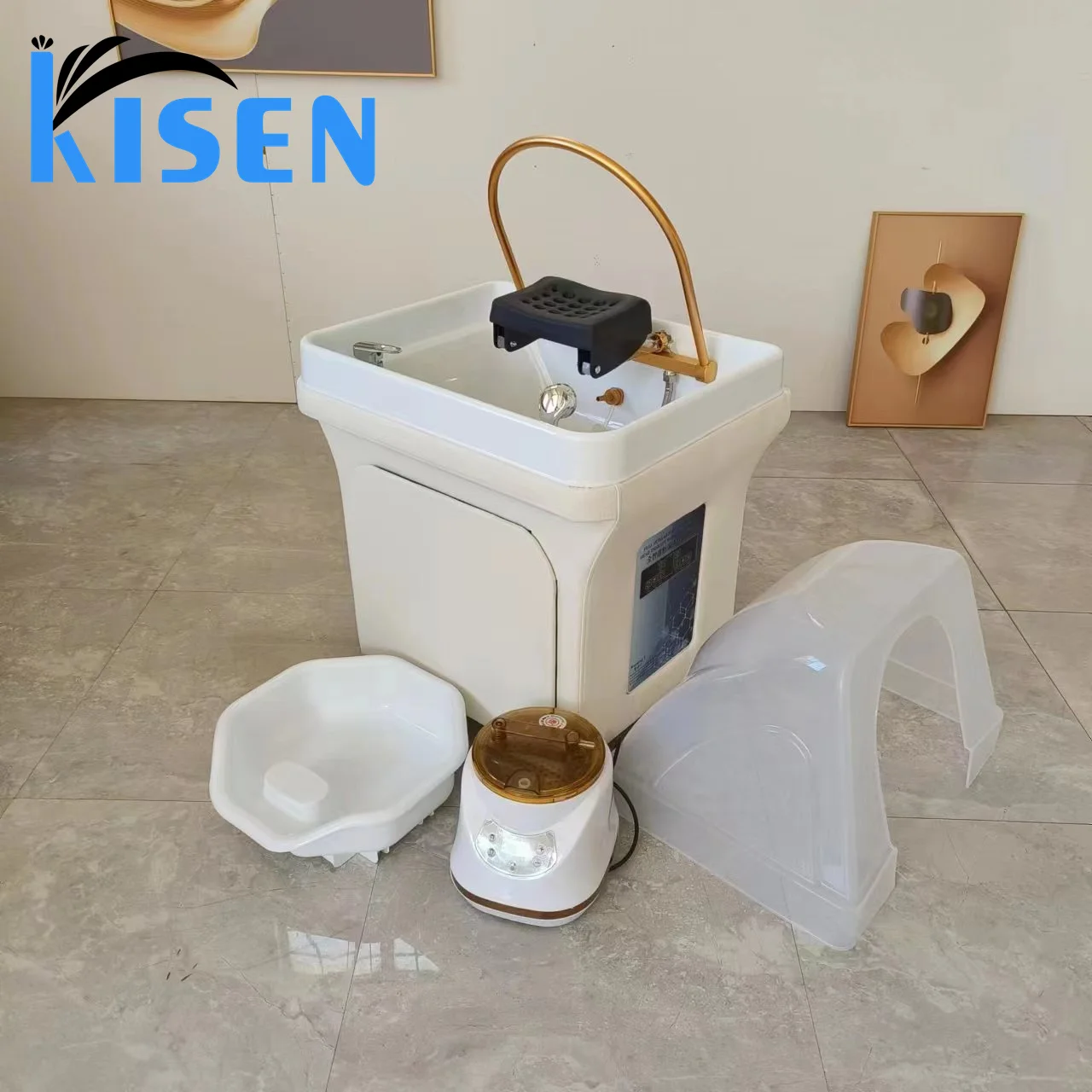 Kisen Modern Luxury Hair Salon Shampoo Bowl Massage Shampoo Chair Salon Furniture Backwash Units Hair Washing Chair with Basin