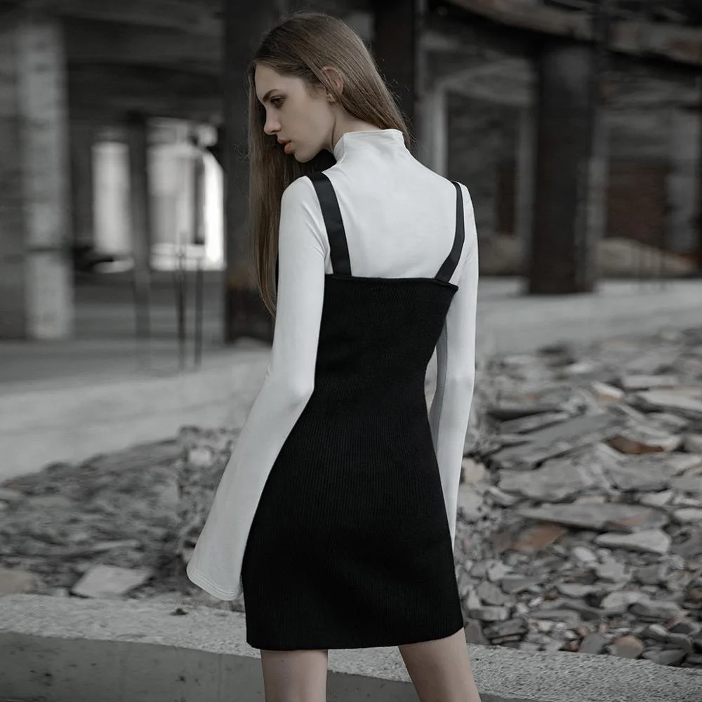 PUNK RAVE OPQ-451 Wool Sling Dress Black Gothic Dress Women Summer Sexy Strap Knitted Dress