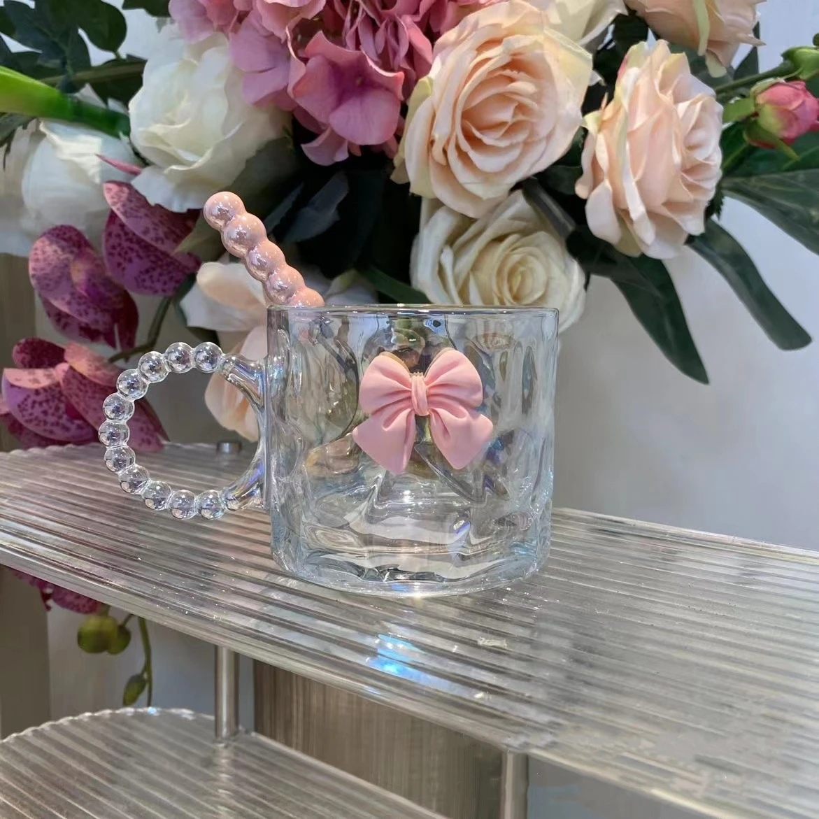 260ml Romantic Style Cups Bowknot Coffee Mug Crystal Glass Nordic Wrinkle Cup Drinking Coffee Tumbler English Letter Lazzy Cup