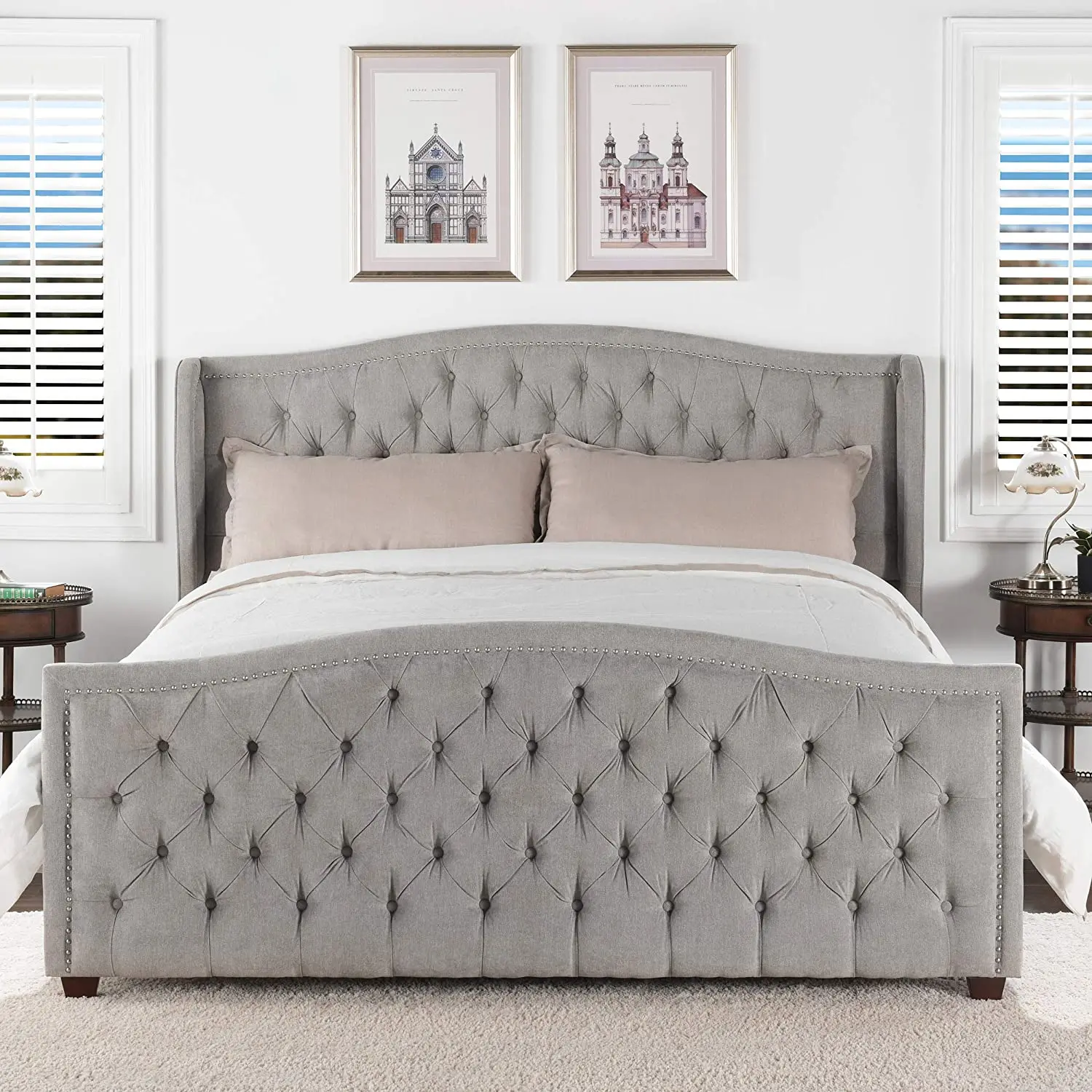 Customized Nailhead Detail Tufted Super King Size Bed Frame Upholstered Beds