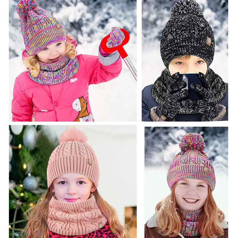 Children 5-12 Years Old Pom Pom Beanie Hat Scarf And Gloves Three-Piece Winter Fleece Warm Knit Hat Gloves And Scarf Set