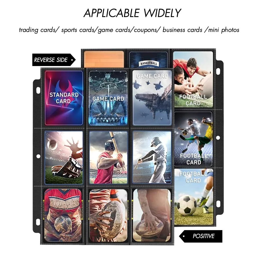 Trading Card Sleeve Pages 9 Pocket Black Background Trading Card Storage Album Pages Fit 3 Ring Binder