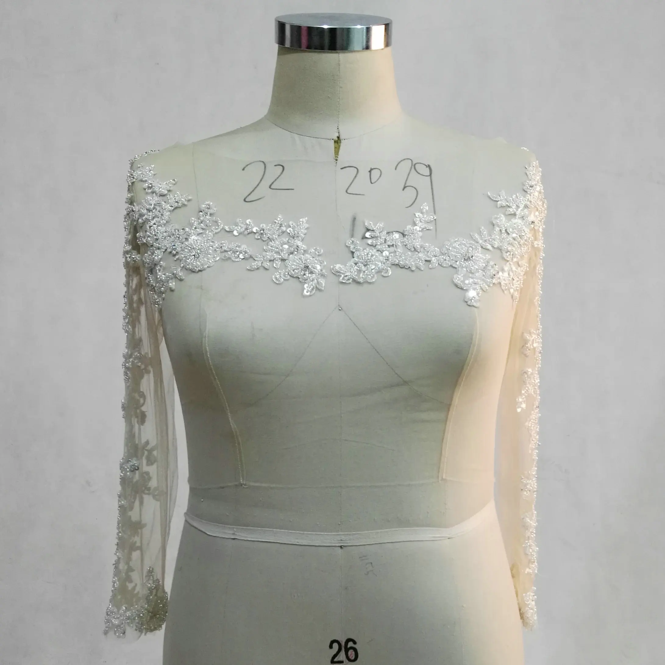 Jacket Transparent Nude Tulle 3/4 Sleeves Beaded Lace Bridal Bolero Wedding Jackets / Wrap