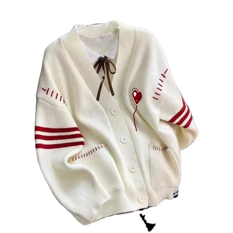 2024 New KYT Love Print Cardigan Women Autumn V-neck Single Breasted Pocket Female Sweater Casual Youth Girl Knit Tops