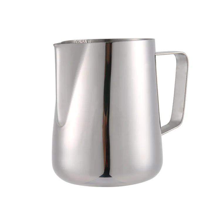 Hot selling customised barista tool latte art ss304 stainless steel curve frothing jug pot milk coffee pitcher with lid