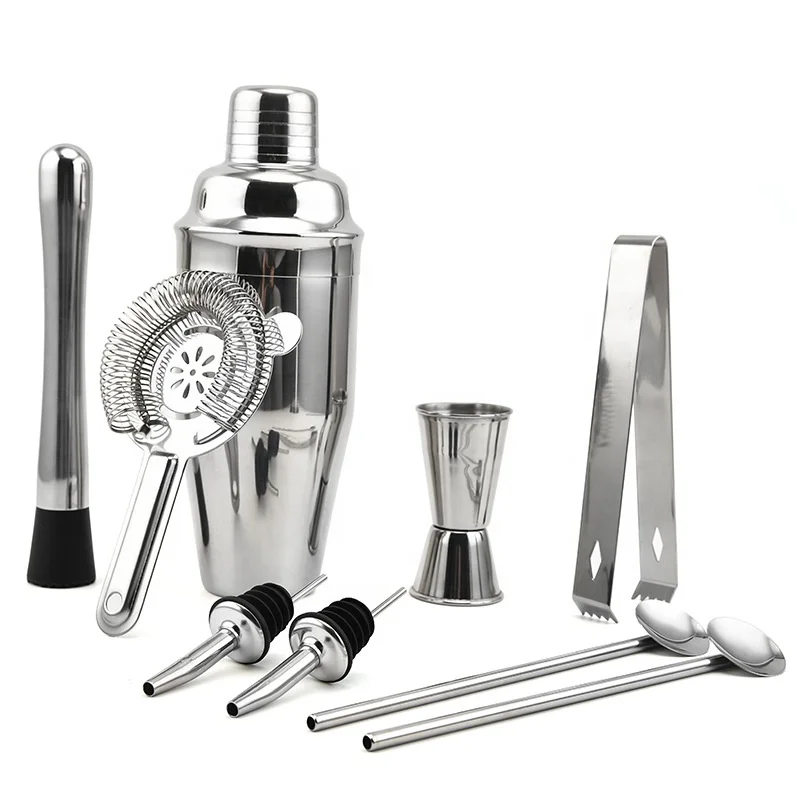 9pcs Professional 700ml stainless steel black and sliver Bar Tools cocktail shaker bottles set