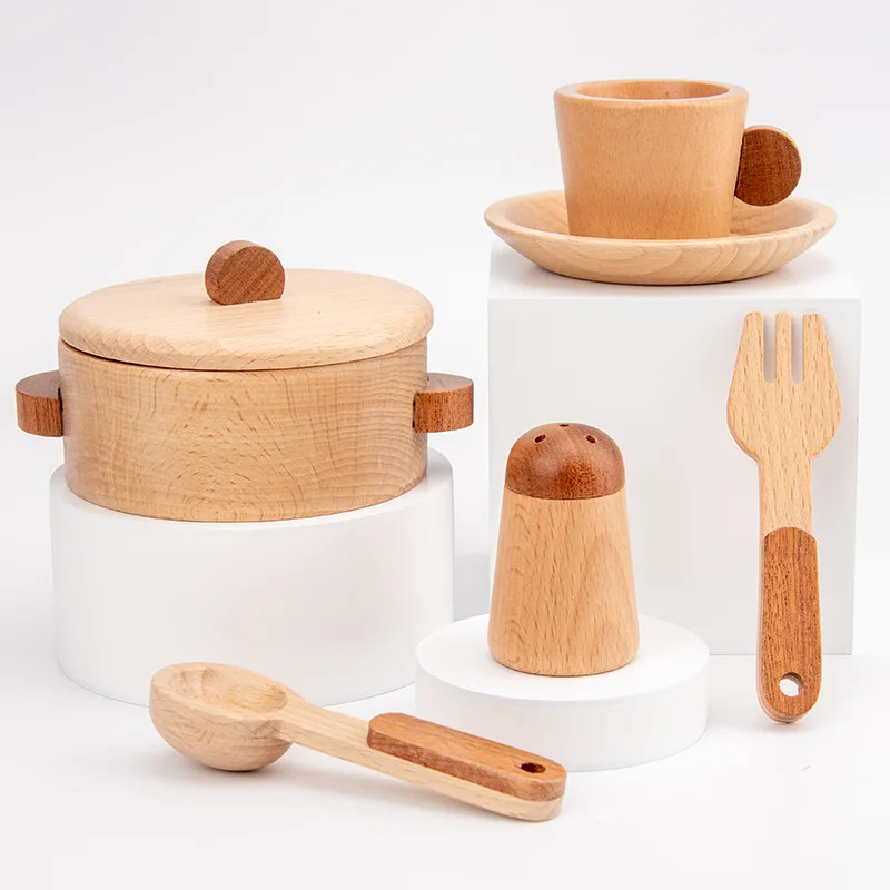 Wood Play Set Cookware Plates Dishes Play Kitchen Toys Pots Pans Cooking Sets 14 Pieces Montessori Wooden Kitchen Toy