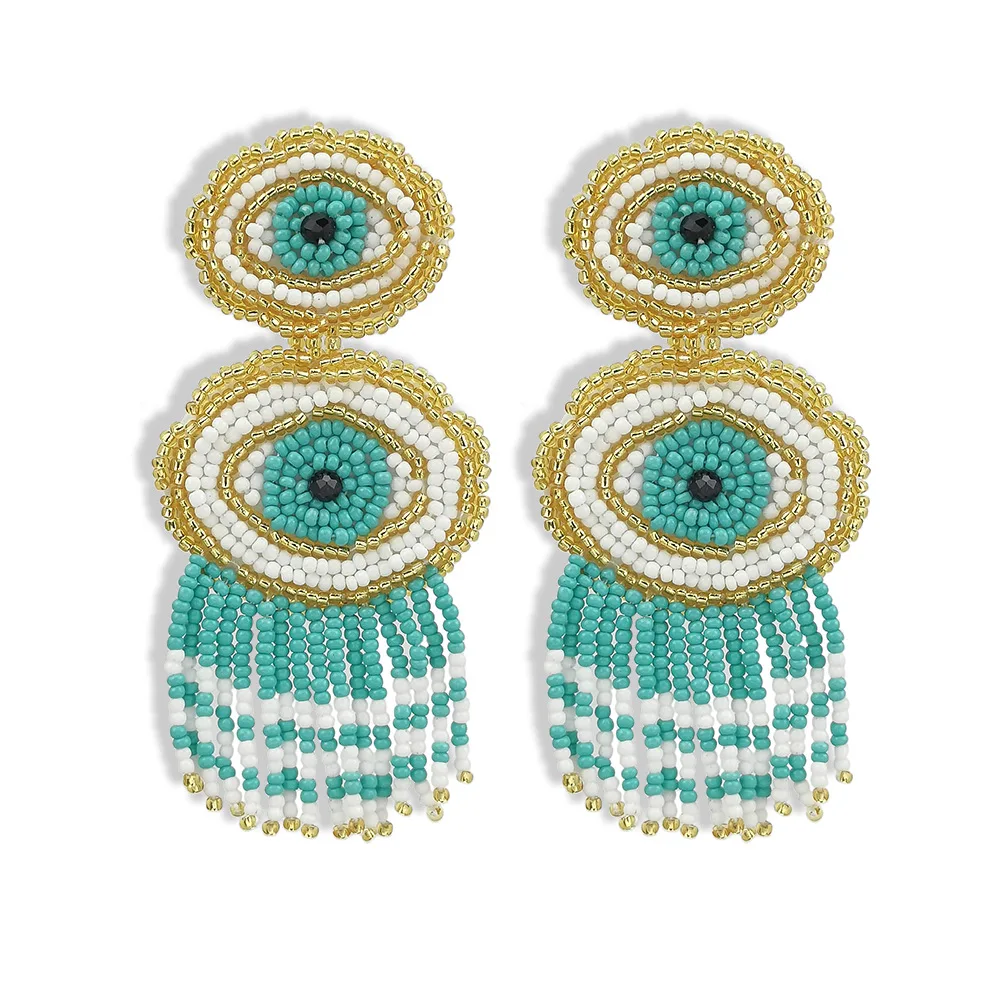 Wholesale boho fringe beaded earrings bohemian handmade retro eye rice seed bead dangling earrings tassel for women