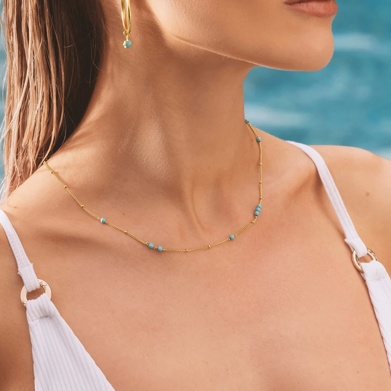 Delicate Stainless Steel 18K Gold Skinny Satellite Chain Necklace Riviera Turquoise Bead Chain Choker Necklace for Women