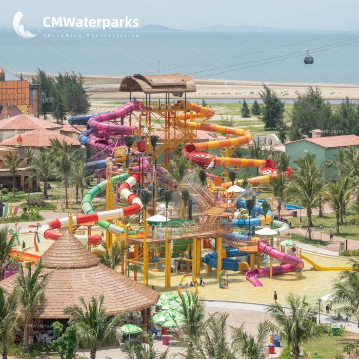 A beautiful fiberglass spiral double raft slide that can meet daily water play needs