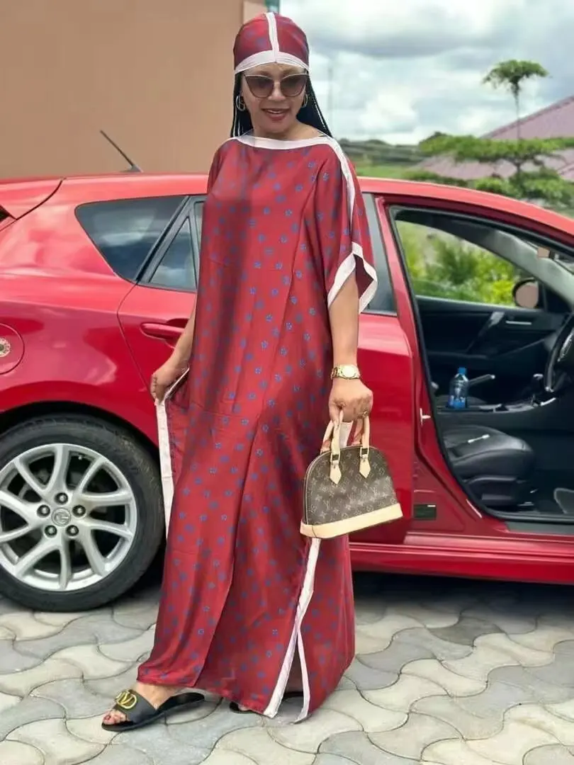 Whosale 2024 new style ladies african clothing ethnic free size satin silk printed long Kaftan plus size muslim women dress