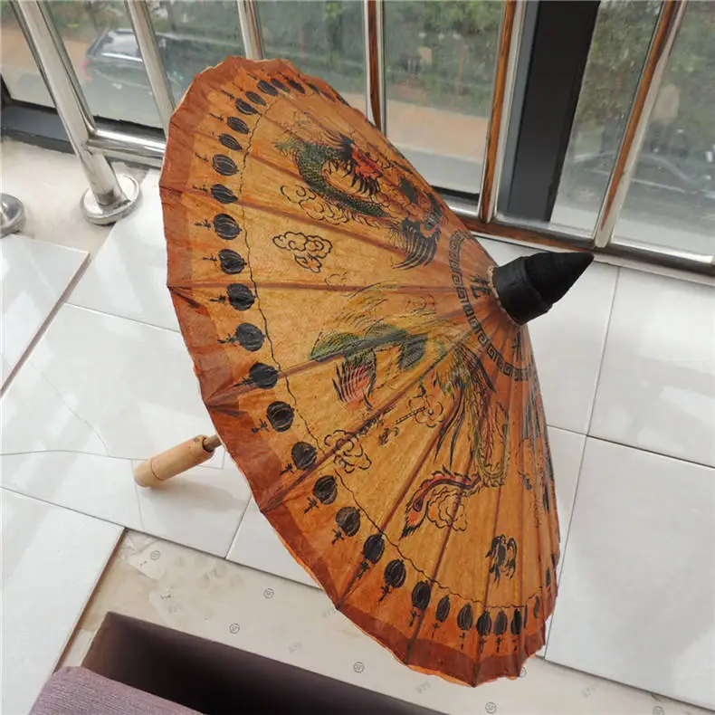 TX116 Handmade Classical Oiled Paper Umbrella Thai Style Waterproof Crane Dragon Phoenix for Bar Decoration Hanging for Adults