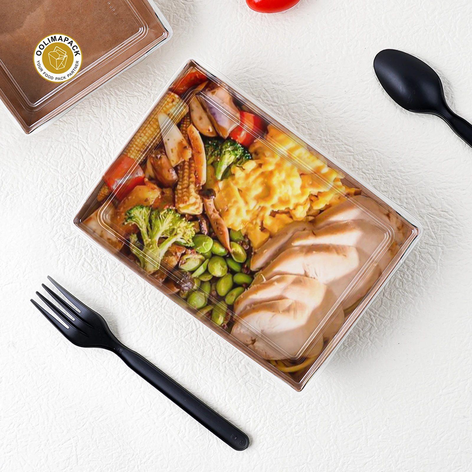 OOLIMA Customization Salad Packaging Box Take Away For Kraft Paper Lunch Bento Salad Packaging Box With PET Lids