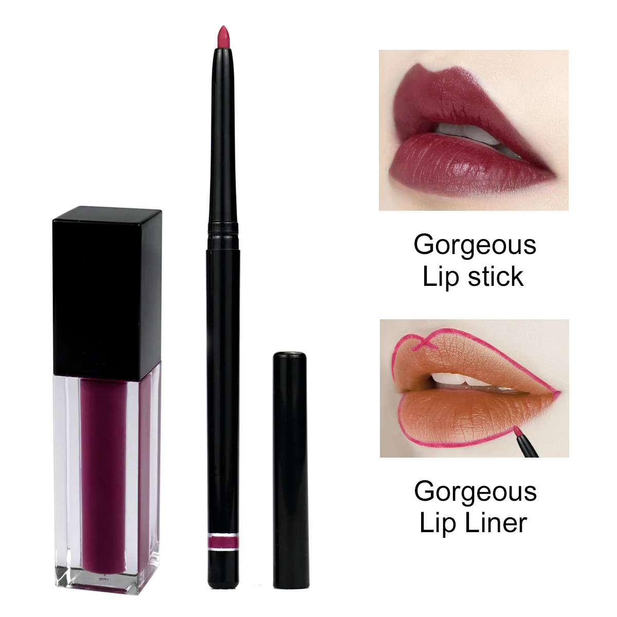 Private Label Waterproof Matte Liquid Lipgloss Set Lip Liner Pencil 2 in 1 Gloss Kit Sets