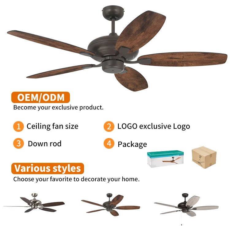 Nordic Style Silent Brushed Nickel Housing 52Inch Decorative Residential Wooden Ceiling Fan Without Light