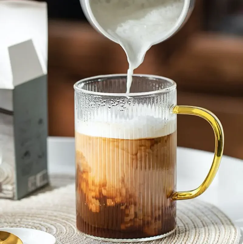 Embossed Vertical Grain Latte Glass Cup Stackable Juice Water Drinkware Wholesale Glassware Coffee Mug for Gift