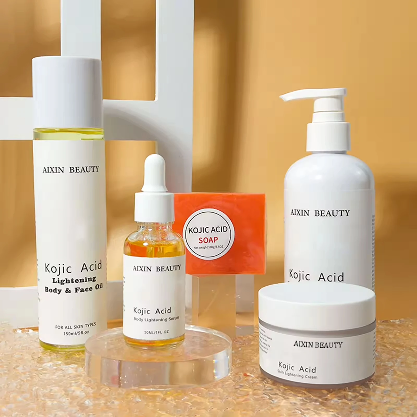 Private Label Skin Care Anti Aging Moisturizing Serum Cream Exfoliating Soap Lightening Body Lotion Oil Kojic Acid Skin Care Set