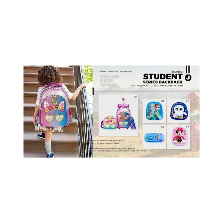 Customized Logo Kids School  Rolling Trolley Wheels Luggage Backpack With Lunch Box