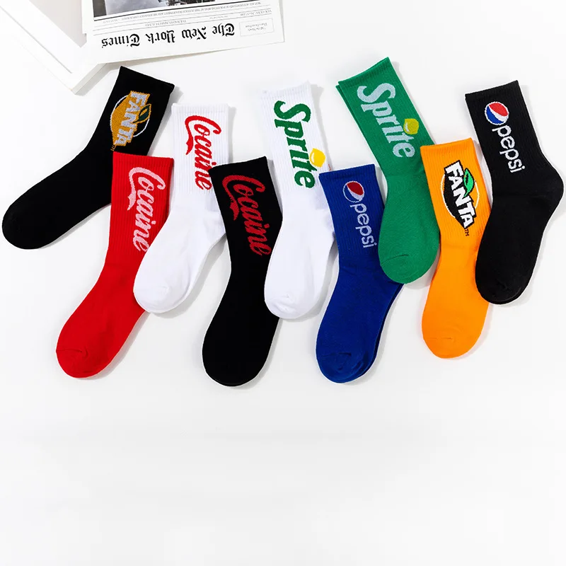Wholesale Good Quality Funky Cola Fanta Drinks Jacquard Hip-Hop Couples Sock Breathable Cotton Men Fashion Socks
