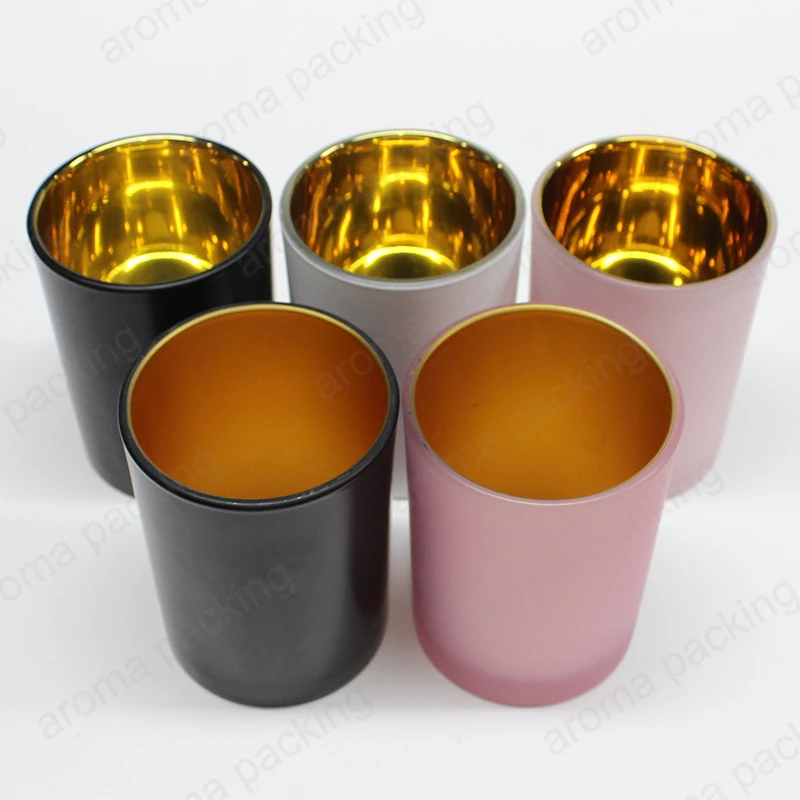 Wholesale Luxury High Quality 7oz/10oz/12oz/14oz Empty Electroplated Inside Matte Round Bottom Candle Jars With Metal/Wood Lids