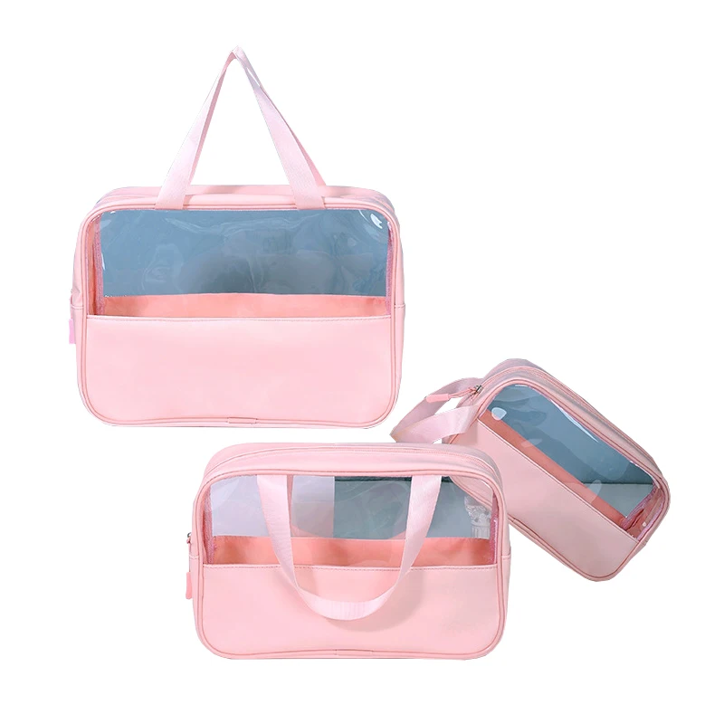 Women Carrying Toiletry Bag Custom Color Handle Transparent PVC Waterproof Shampoo Cosmetic Makeup Pouch Case Girls Storage Bag